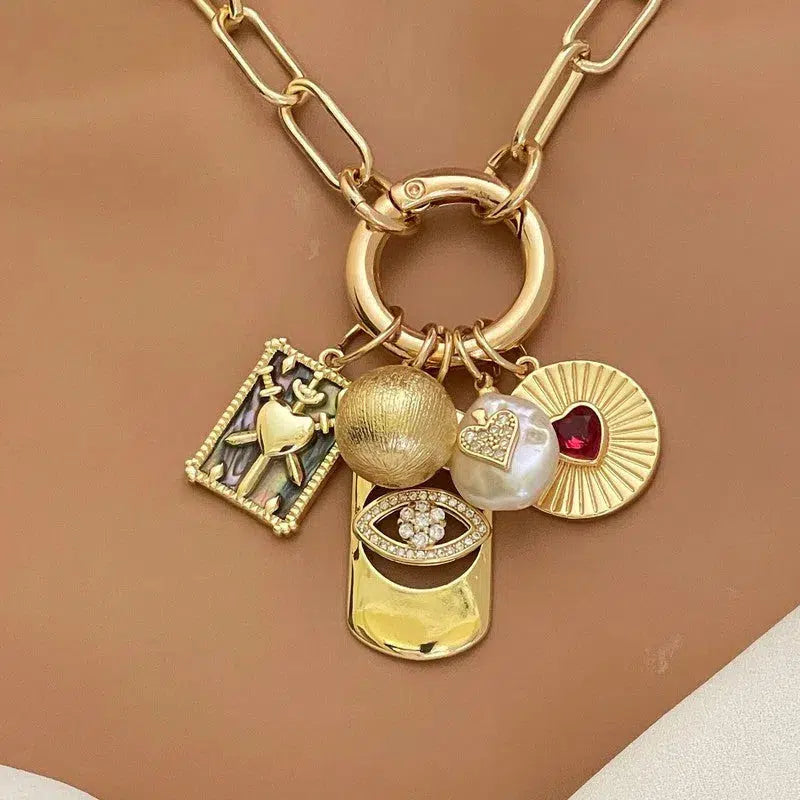 Gold Paperclip Charm Necklace-5 Charms-Fresh Water Pearl-Evil Eye Charm-Coat of Arms- Ball Charm-Ruby Heart Radial Charm-Spring Clasp