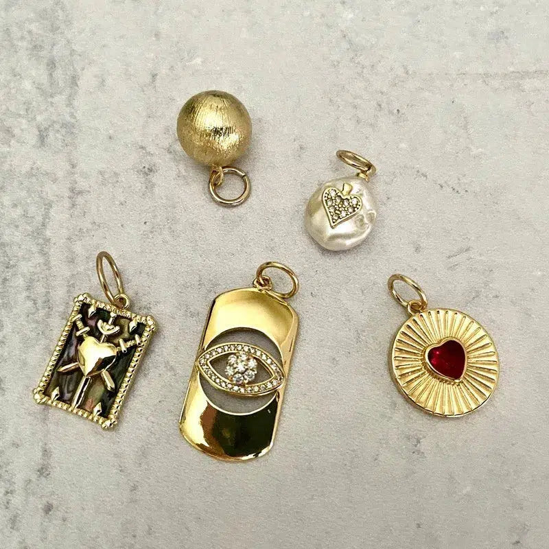 Gold Paperclip Charm Necklace-5 Charms-Fresh Water Pearl-Evil Eye Charm-Coat of Arms- Ball Charm-Ruby Heart Radial Charm-Spring Clasp