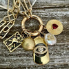 Gold Paperclip Charm Necklace-5 Charms-Fresh Water Pearl-Evil Eye Charm-Coat of Arms- Ball Charm-Ruby Heart Radial Charm-Spring Clasp
