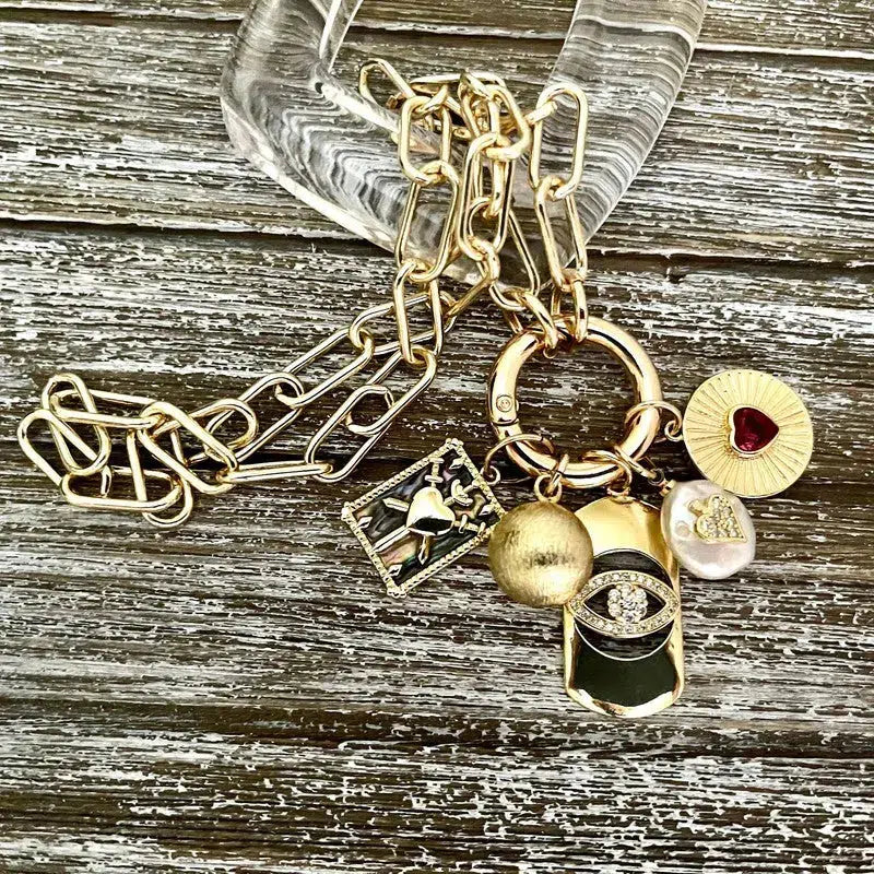 Gold Paperclip Charm Necklace-5 Charms-Fresh Water Pearl-Evil Eye Charm-Coat of Arms- Ball Charm-Ruby Heart Radial Charm-Spring Clasp