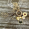 Gold Paperclip Charm Necklace-5 Charms-Fresh Water Pearl-Evil Eye Charm-Coat of Arms- Ball Charm-Ruby Heart Radial Charm-Spring Clasp