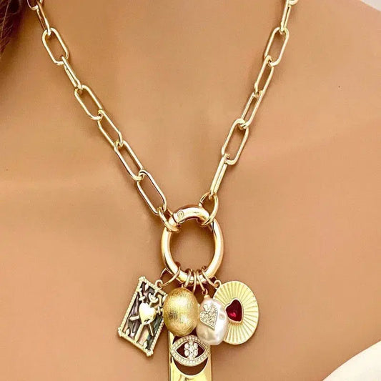 Gold Paperclip Charm Necklace-5 Charms-Fresh Water Pearl-Evil Eye Charm-Coat of Arms- Ball Charm-Ruby Heart Radial Charm-Spring Clasp