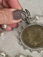 Silver Coin Pendant Necklace: CZ Bezel, Replica Pearl Chain