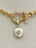 Gold Rolo Chain Necklace, Pave Shackle, CZ Pearl Pendant
