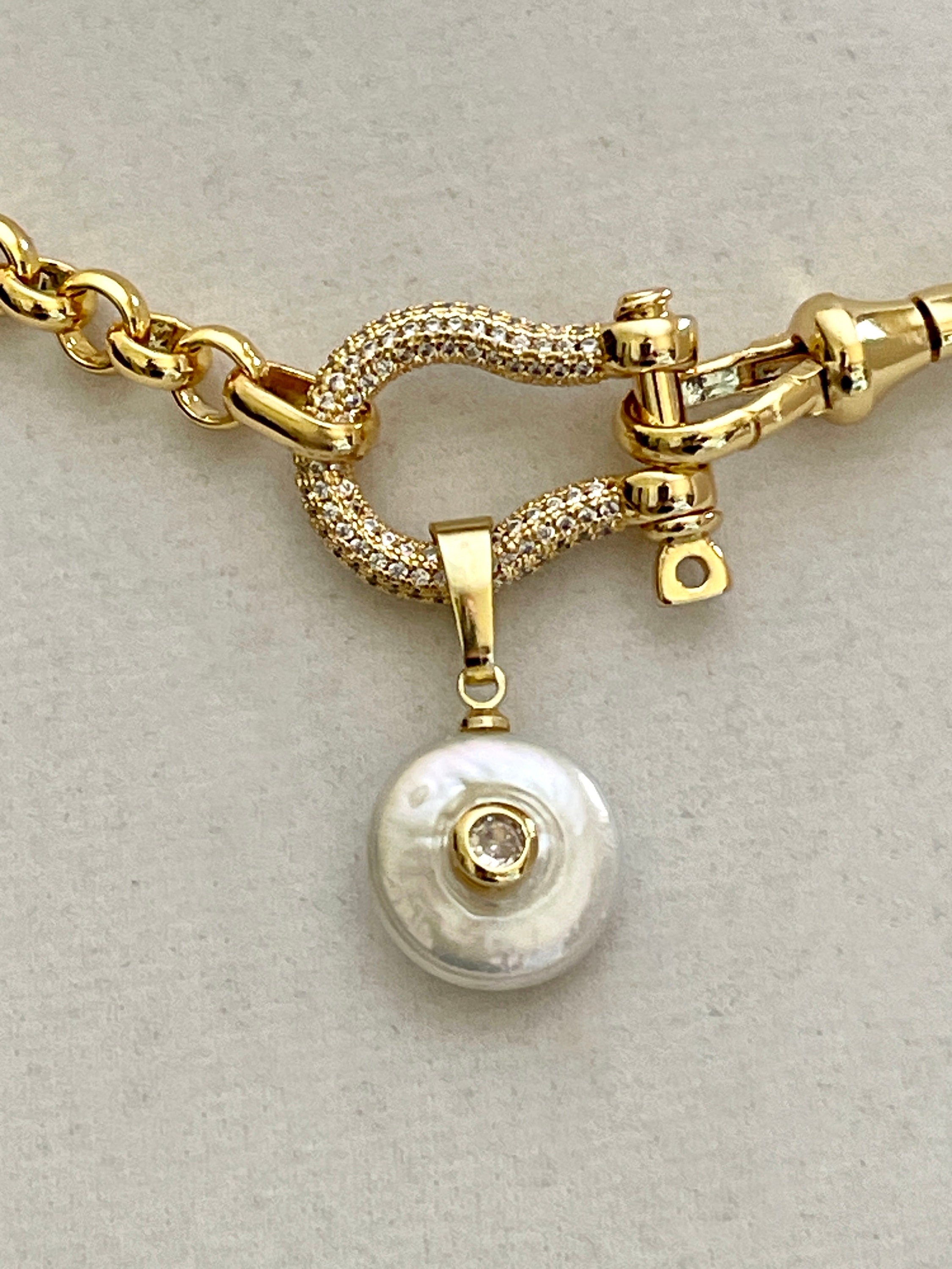 Gold Rolo Chain Necklace, Pave Shackle, CZ Pearl Pendant