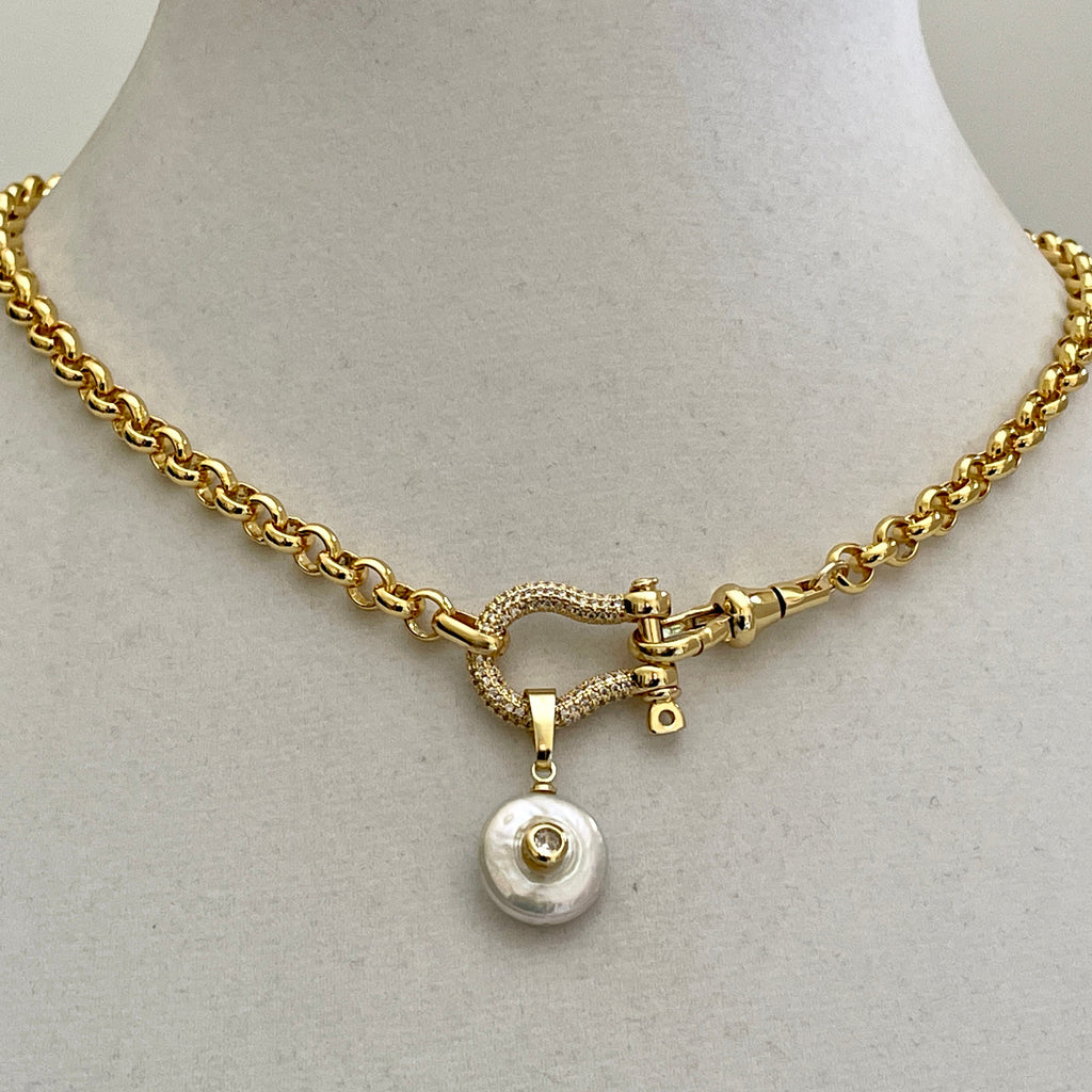 Gold Rolo Chain Necklace, Pave Shackle, CZ Pearl Pendant
