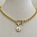 Gold Rolo Chain Necklace, Pave Shackle, CZ Pearl Pendant