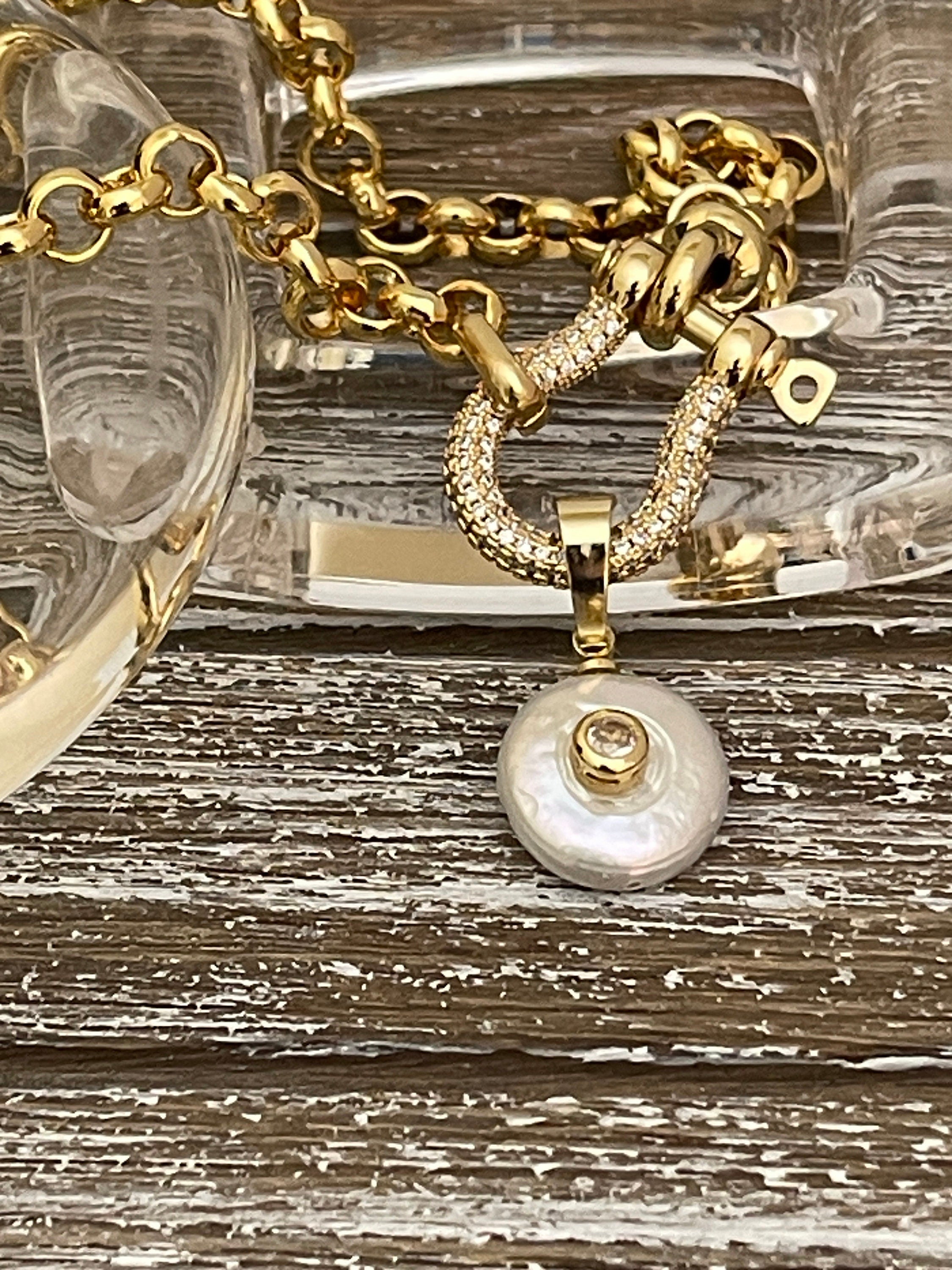 Gold Rolo Chain Necklace, Pave Shackle, CZ Pearl Pendant