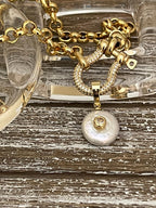 Gold Rolo Chain Necklace, Pave Shackle, CZ Pearl Pendant