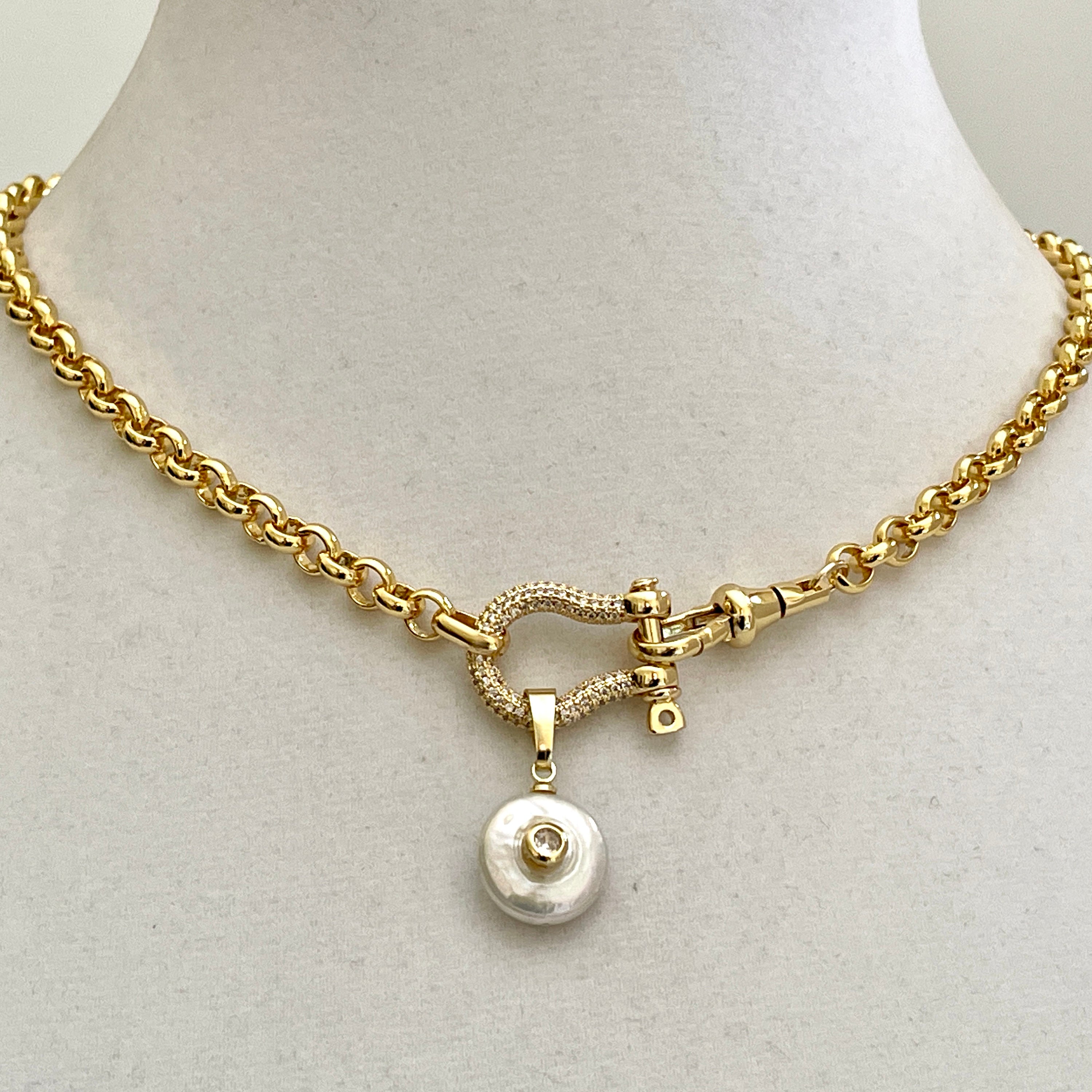 Carabiner Shackle Chain Necklace-Gold Pave Shackle Necklace-CZ Pearl Pendant-Choker Chain Necklace-Gold Plated Rolo Chain-Lobster Closure