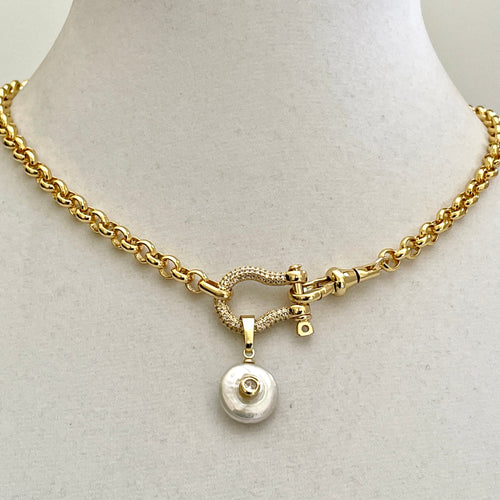 Gold Rolo Chain Necklace, Pave Shackle, CZ Pearl Pendant
