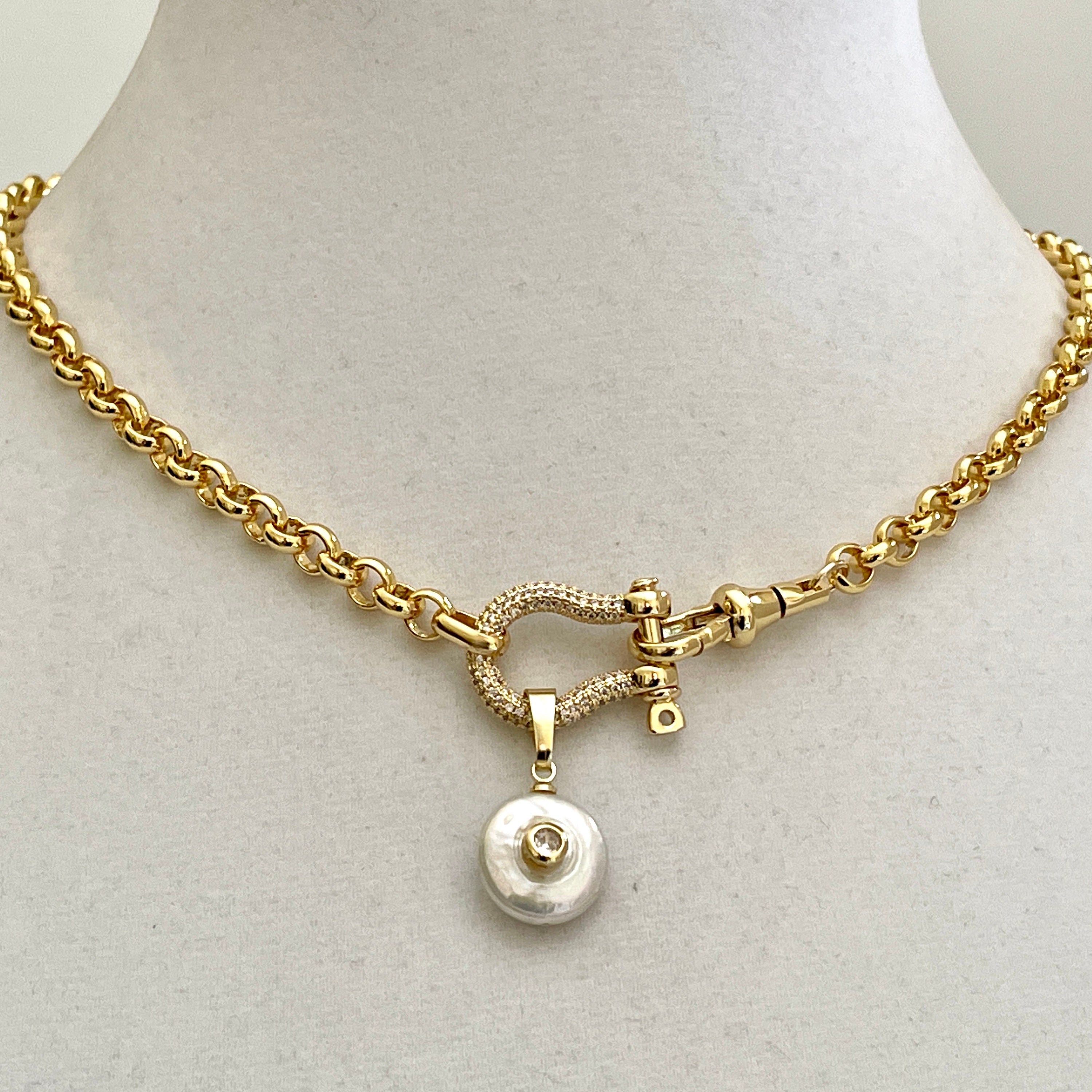 Gold Rolo Chain Necklace, Pave Shackle, CZ Pearl Pendant
