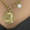 Gold Rolo Chain Necklace-Large Old French Replica Medal-Antiqued Gold Pewter Coin-Mother Of Pearl Charm,Toggle Clasp-CZ Butterfly Necklace