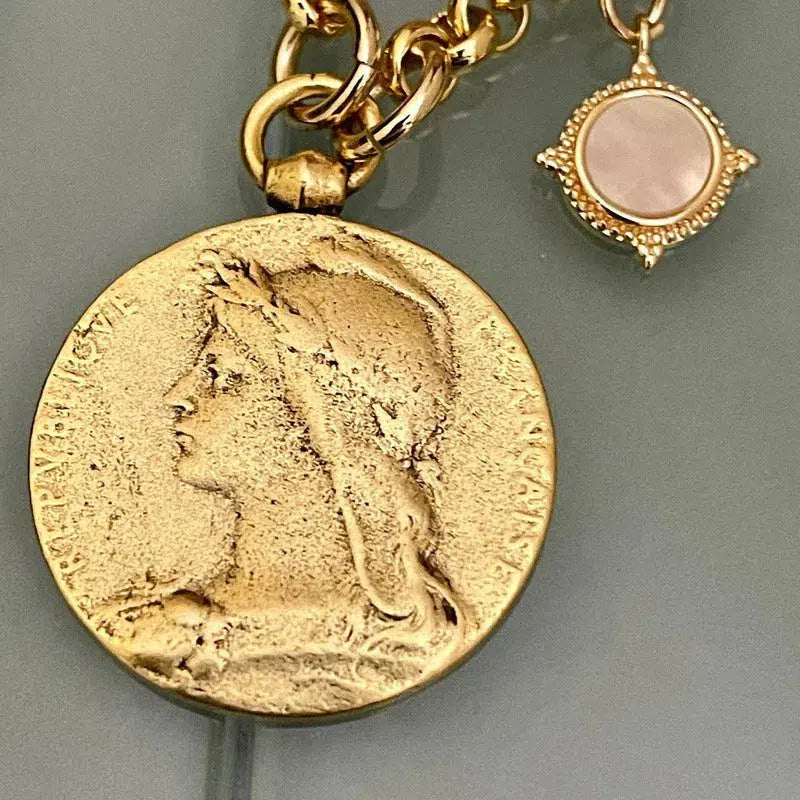 Gold Rolo Chain Necklace-Large Old French Replica Medal-Antiqued Gold Pewter Coin-Mother Of Pearl Charm,Toggle Clasp-CZ Butterfly Necklace