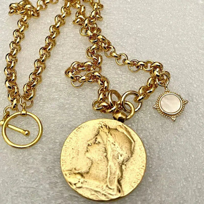 Gold Rolo Chain Necklace-Large Old French Replica Medal-Antiqued Gold Pewter Coin-Mother Of Pearl Charm,Toggle Clasp-CZ Butterfly Necklace