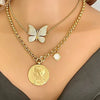 Gold Rolo Chain Necklace-Large Old French Replica Medal-Antiqued Gold Pewter Coin-Mother Of Pearl Charm,Toggle Clasp-CZ Butterfly Necklace