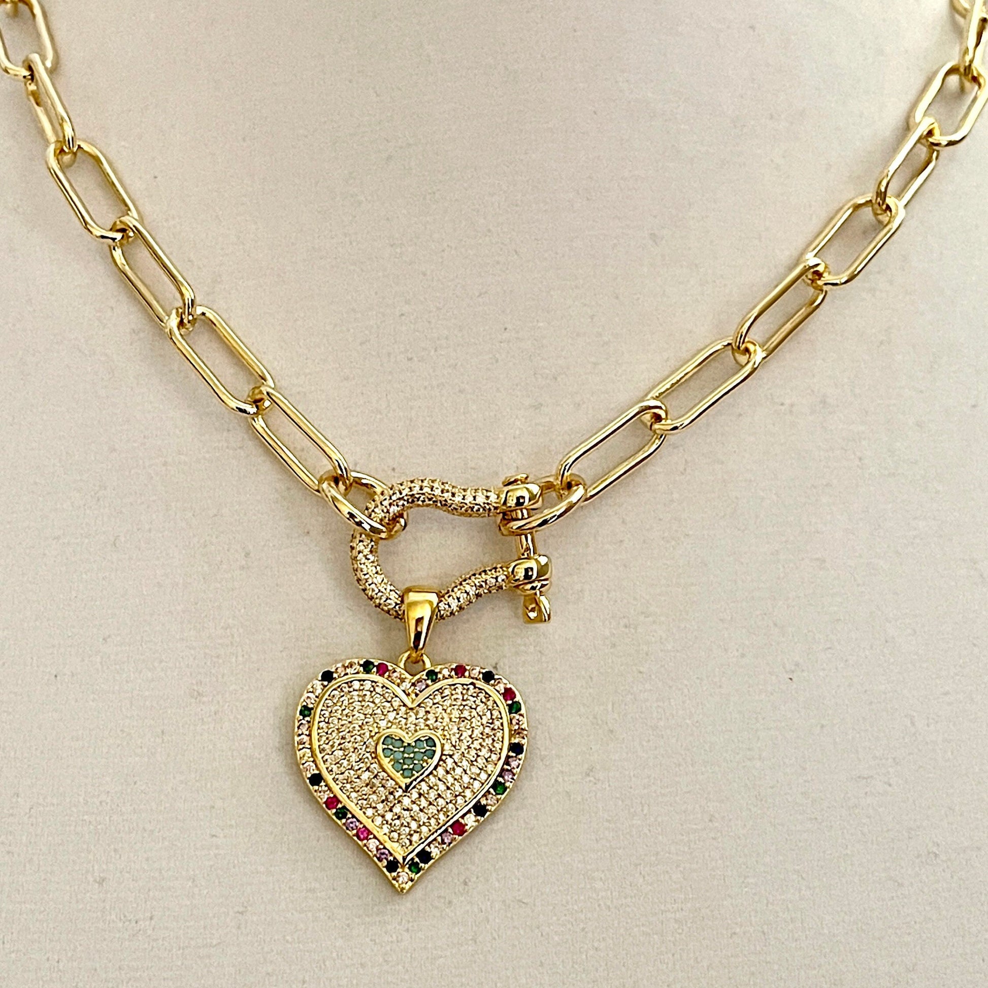 Gold Paperclip Chain necklace-CZ Shackle Clasp-Multi Colored CZ Heart Pendant-Gift For her