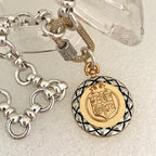 Silver Chain Necklace – French Coin Pendant, Micro Pave Carabiner Clasp