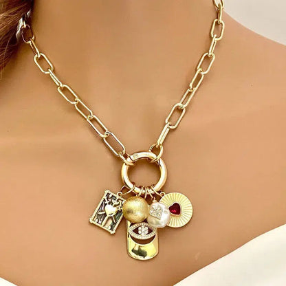 Gold Paperclip Charm Necklace-5 Charms-Fresh Water Pearl-Evil Eye Charm-Coat of Arms- Ball Charm-Ruby Heart Radial Charm-Spring Clasp