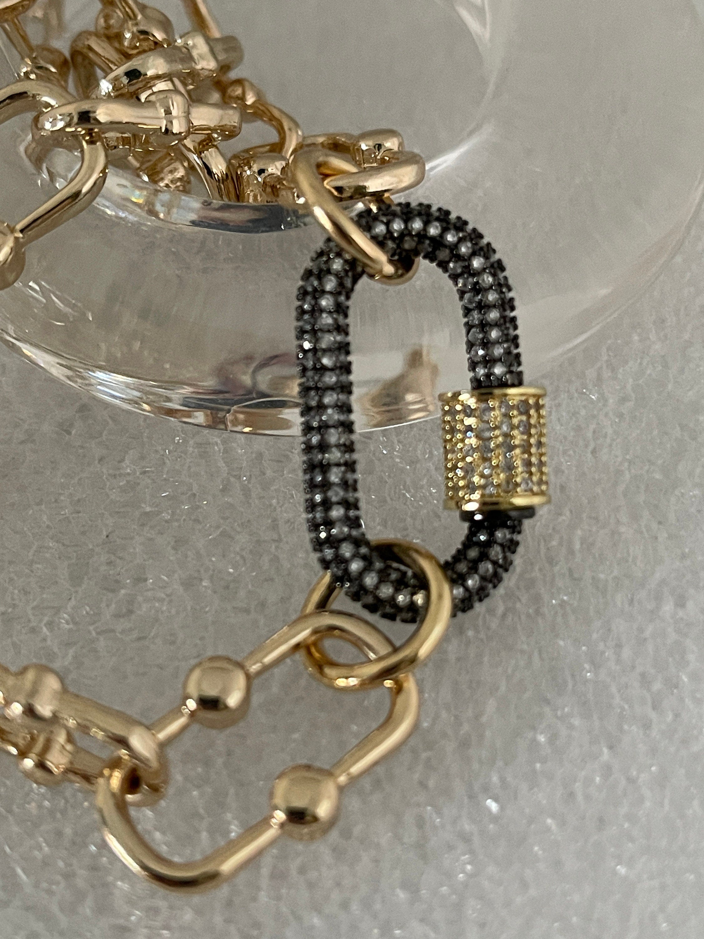 Chunky Gold Cable Chain Necklace, Gunmetal Cubic Zirconia Carabiner Clasp