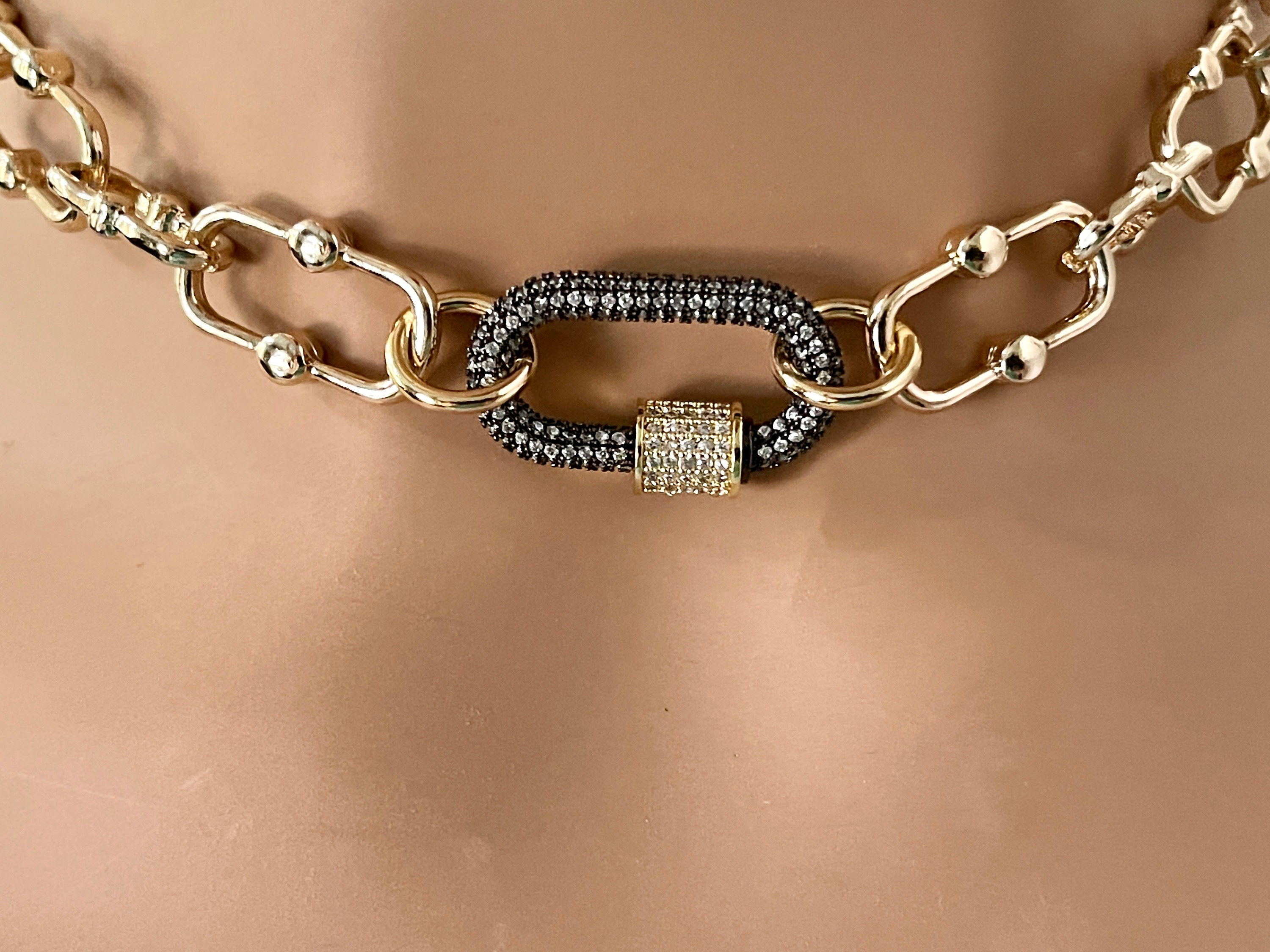 Chunky Gold Cable Chain Necklace, Gunmetal Cubic Zirconia Carabiner Clasp