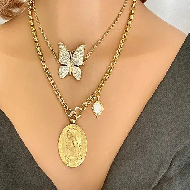 Gold Rolo Chain Necklace-Large Old French Replica Medal-Antiqued Gold Pewter Coin-Mother Of Pearl Charm,Toggle Clasp-CZ Butterfly Necklace