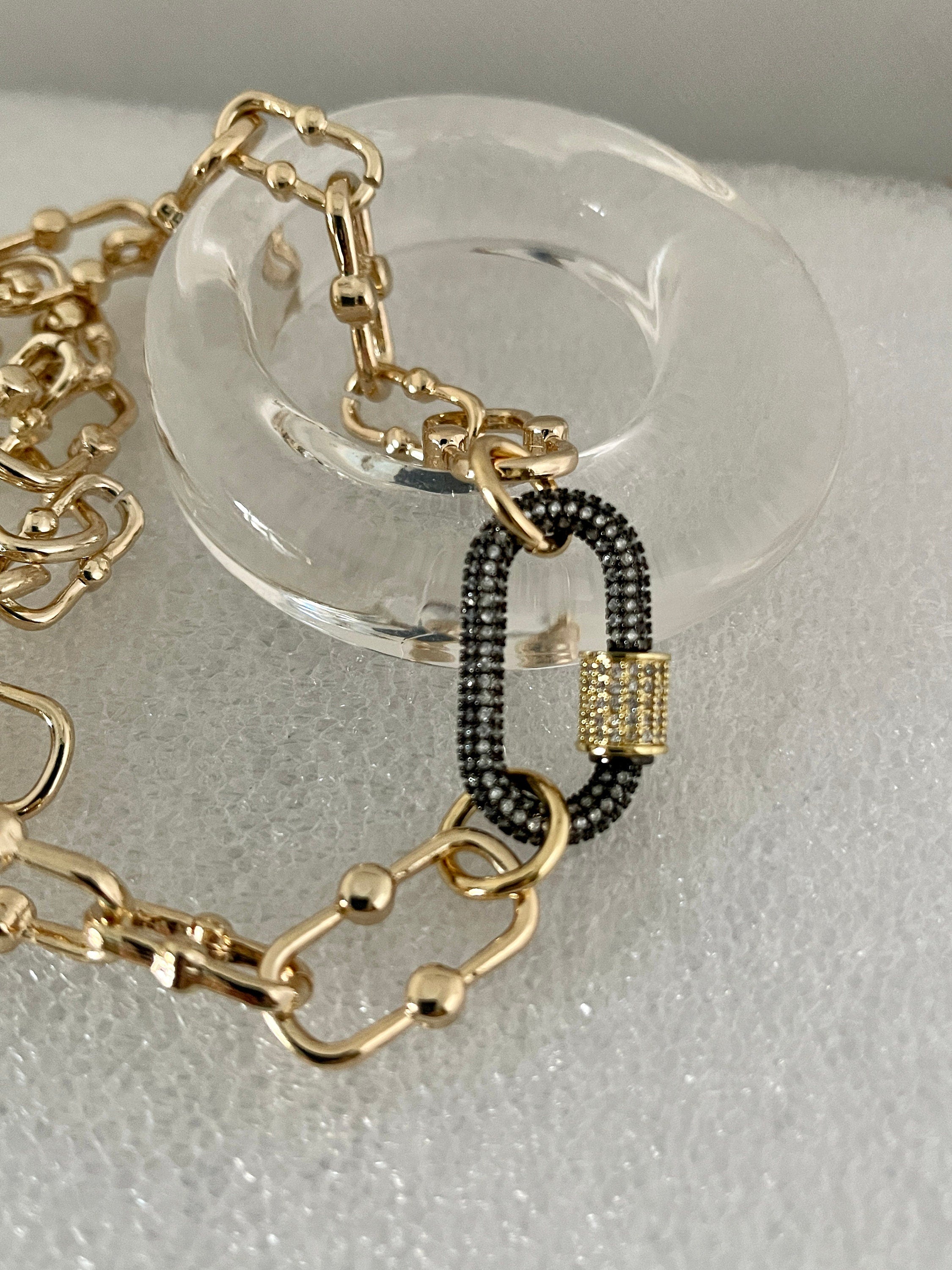 Chunky Gold Cable Chain Necklace, Gunmetal Cubic Zirconia Carabiner Clasp