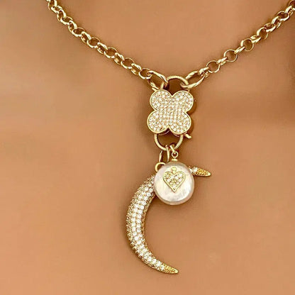 Gold CZ Carabiner Necklace-Rolo Chain-Clover Snap Clasp-CZ Charms-Fresh Water Pearl Heart Charm-CZ Half Moon Charm-Gift For Her