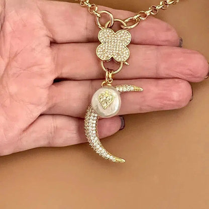 Gold CZ Carabiner Necklace-Rolo Chain-Clover Snap Clasp-CZ Charms-Fresh Water Pearl Heart Charm-CZ Half Moon Charm-Gift For Her