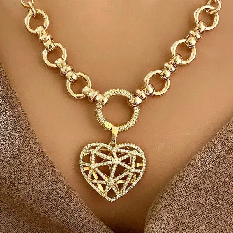 Gold Multi Link Chain Necklace-Latticework CZ Floating Heart-Dual Sided Pendant- Round CZ Encrusted Connector-Lobster Clasp-Gift for Her!