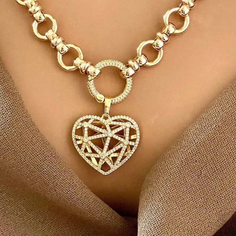 Gold Multi Link Chain Necklace-Latticework CZ Floating Heart-Dual Sided Pendant- Round CZ Encrusted Connector-Lobster Clasp-Gift for Her!