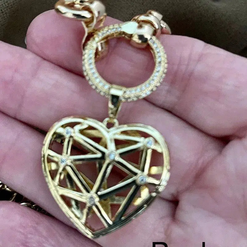 Gold Multi Link Chain Necklace-Latticework CZ Floating Heart-Dual Sided Pendant- Round CZ Encrusted Connector-Lobster Clasp-Gift for Her!