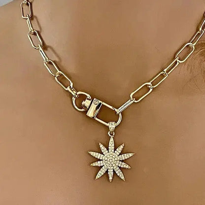 Gold Starburst Necklace-Micro Pave Starburst Pendant-Paperclip Chain Necklace-Spring Lock Clasp-Gift for Her