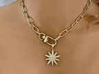 Gold Starburst Necklace-Micro Pave Starburst Pendant-Paperclip Chain Necklace-Spring Lock Clasp-Gift for Her