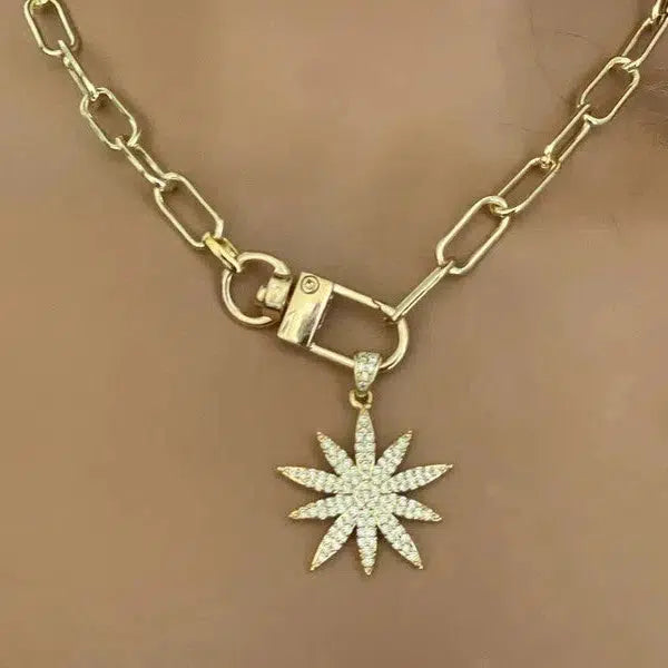 Gold Starburst Necklace-Micro Pave Starburst Pendant-Paperclip Chain Necklace-Spring Lock Clasp-Gift for Her