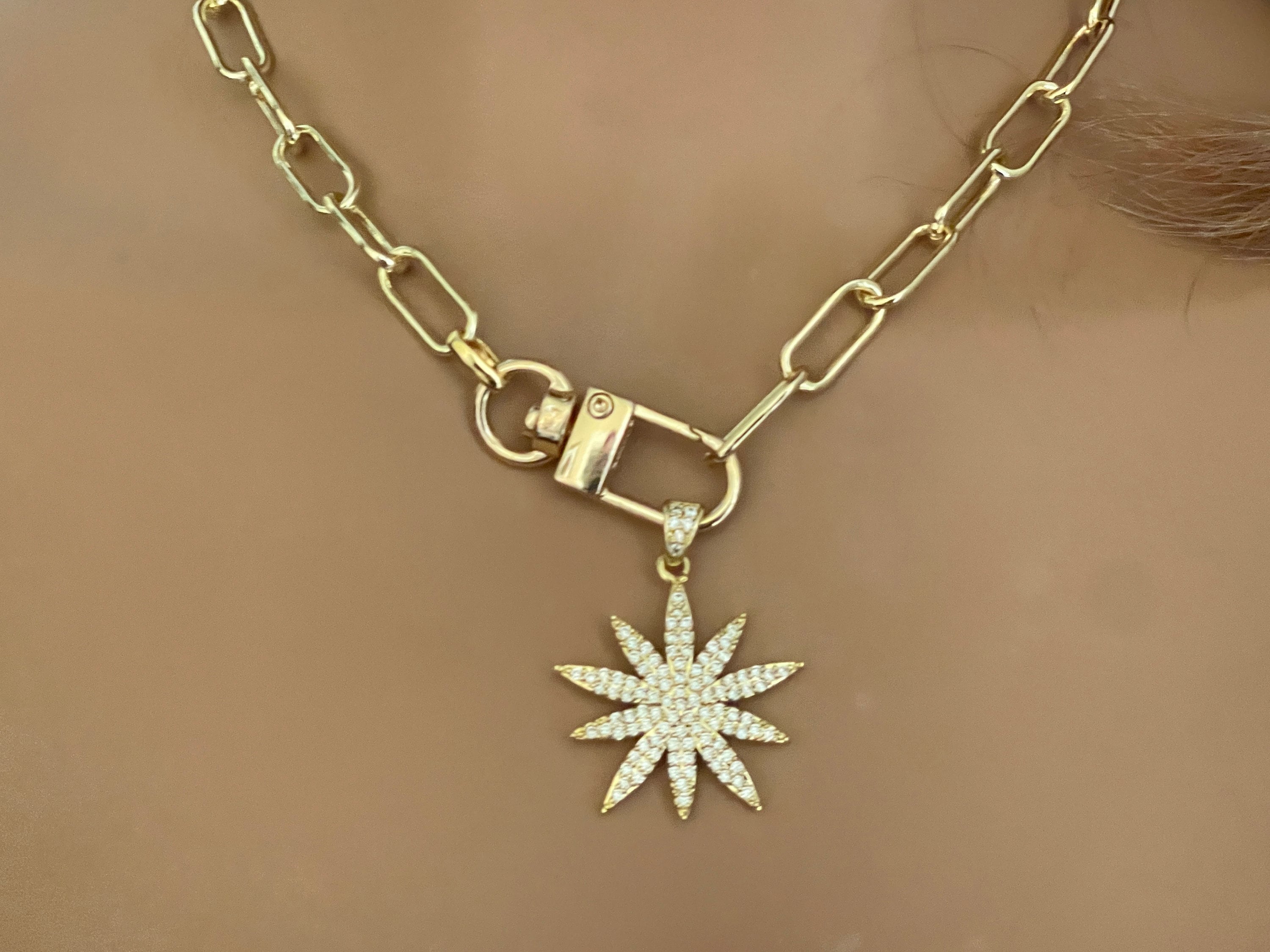 Gold Starburst Necklace-Micro Pave Starburst Pendant-Paperclip Chain Necklace-Spring Lock Clasp-Gift for Her