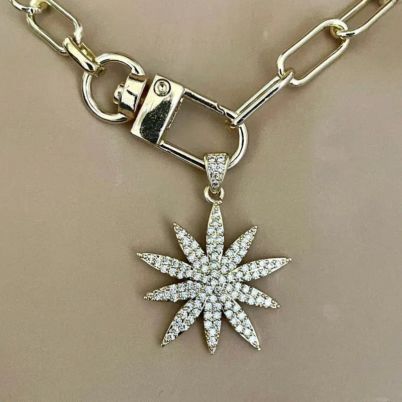 Gold Starburst Necklace-Micro Pave Starburst Pendant-Paperclip Chain Necklace-Spring Lock Clasp-Gift for Her