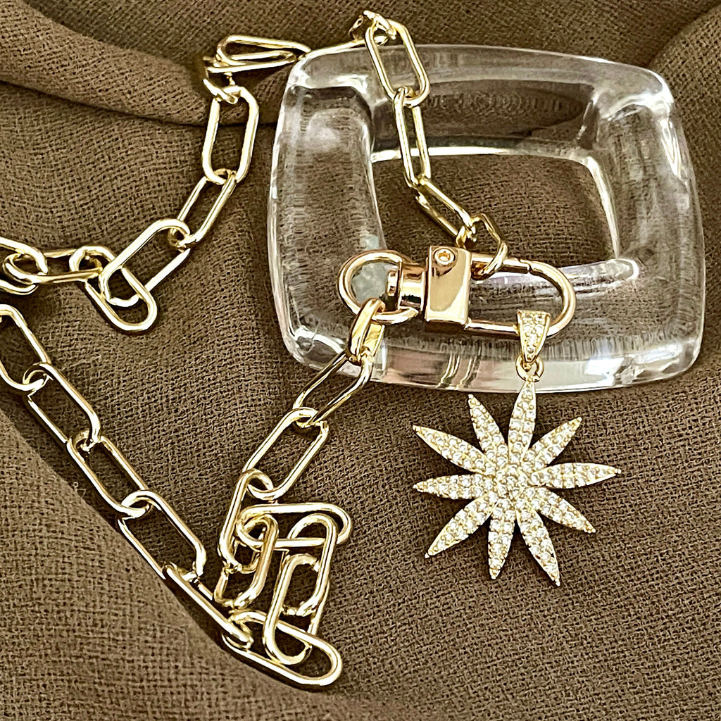 Gold Starburst Necklace-Micro Pave Starburst Pendant-Paperclip Chain Necklace-Spring Lock Clasp-Gift for Her