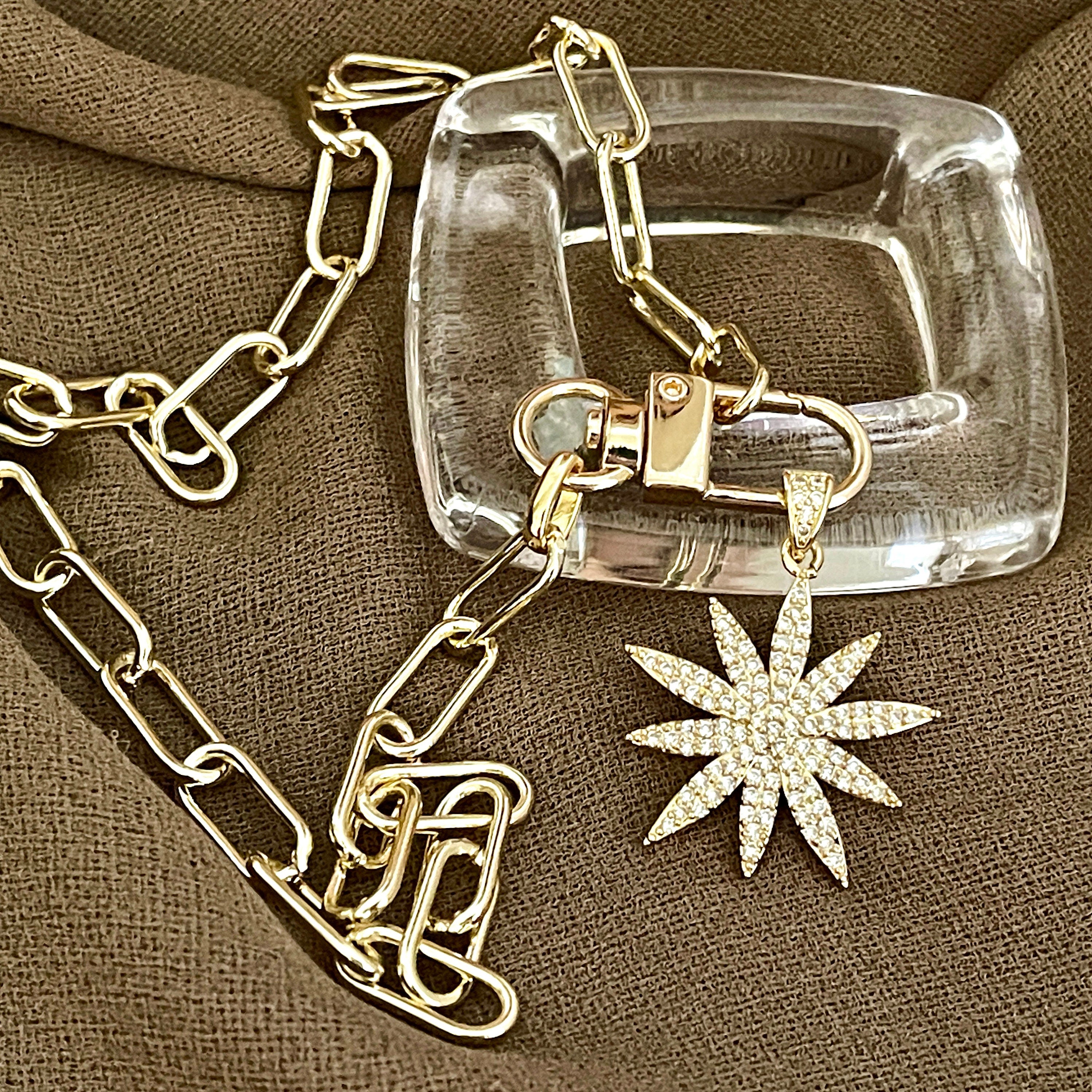 Gold Starburst Necklace-Micro Pave Starburst Pendant-Paperclip Chain Necklace-Spring Lock Clasp-Gift for Her