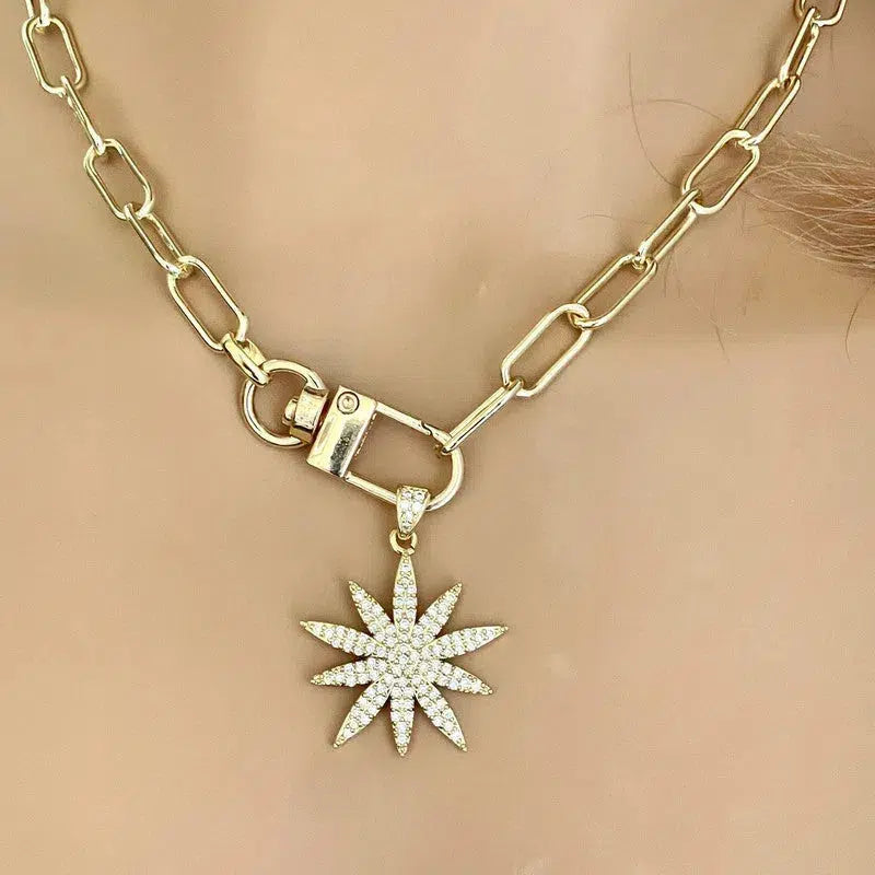 Gold Starburst Necklace-Micro Pave Starburst Pendant-Paperclip Chain Necklace-Spring Lock Clasp-Gift for Her