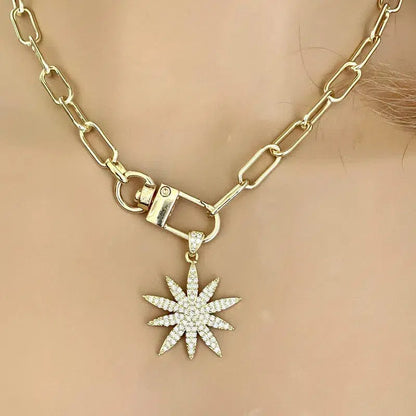 Gold Starburst Necklace-Micro Pave Starburst Pendant-Paperclip Chain Necklace-Spring Lock Clasp-Gift for Her