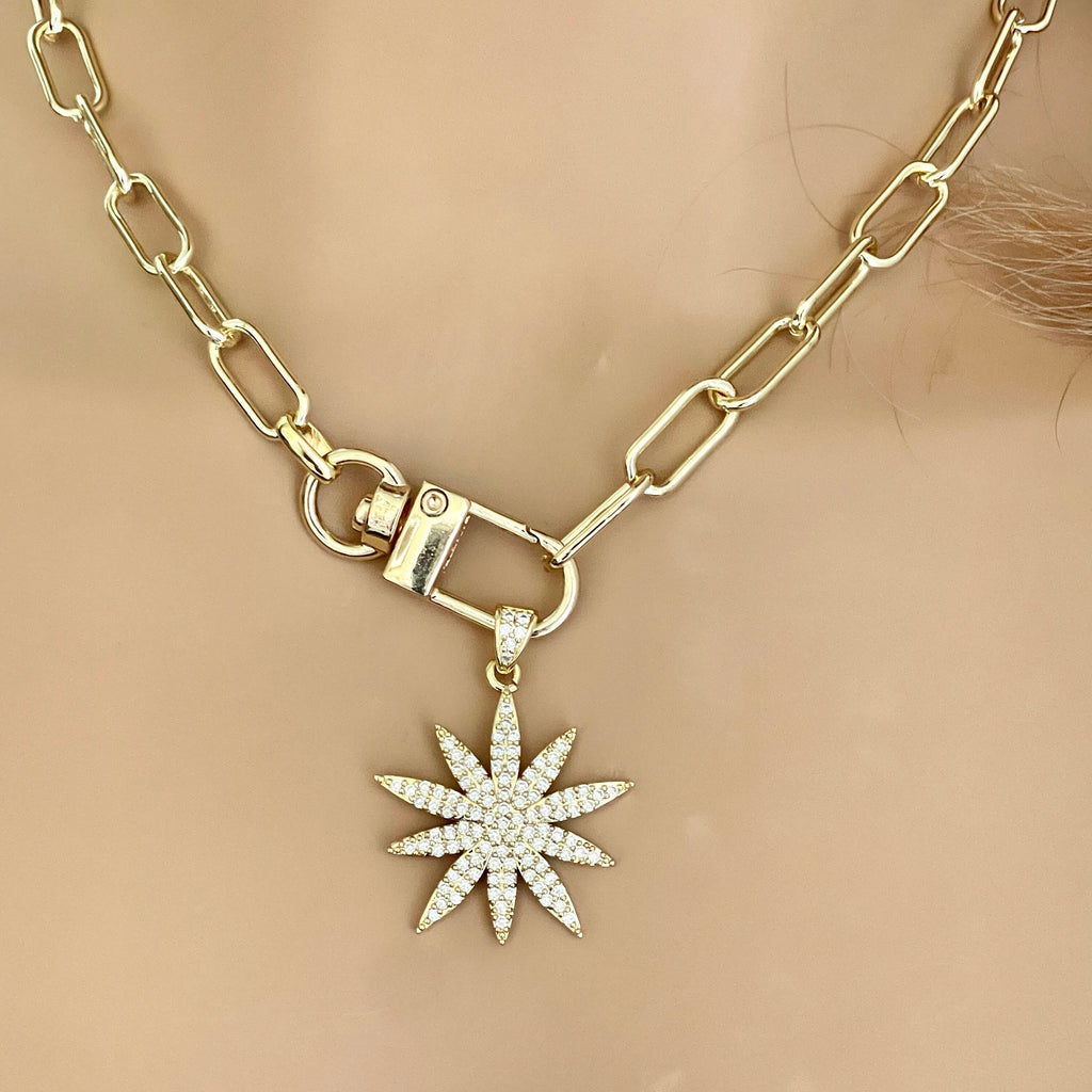Gold Starburst Necklace-Micro Pave Starburst Pendant-Paperclip Chain Necklace-Spring Lock Clasp-Gift for Her