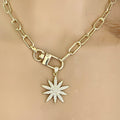 Gold Starburst Necklace-Micro Pave Starburst Pendant-Paperclip Chain Necklace-Spring Lock Clasp-Gift for Her