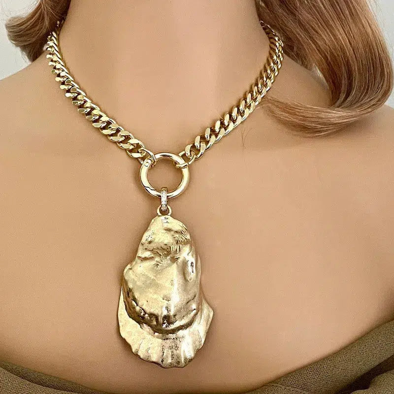 Gold Chunky Chain Necklace-Miami Cuban Chain-Large Oyster Shell Pendant-CZ Pendant Bale-Spring Lock Clasp-Statement Necklace-Gift For Her