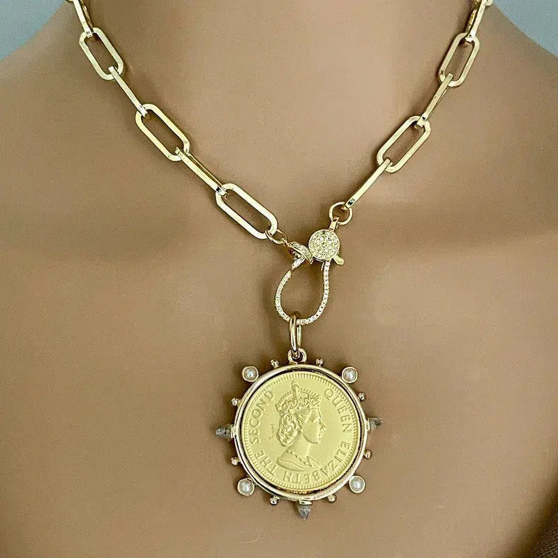 Gold Carabiner Chain Necklace-Queen Elizabeth II Coin Pendant-Clear CZ and Pearl Accent Bezel- Micro Pave Lobster Clasp-Paperclip Chain