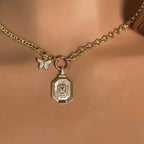 Gold Rolo Chain Necklace-Baguette CZ Shell Pearl Pendant-CZ Butterfly Charm-Delicate Chain-Lobster Clasp-Adjustable Length-Gift for her