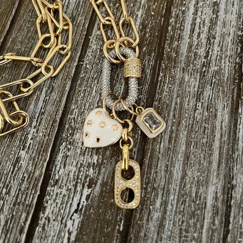 Gold Paperclip Chain-Multiple Charm Necklace-Cubic Zirconia Pendant-Carabiner Screw Clasp-Layering Chain Necklace-Mixed Metal Clasp