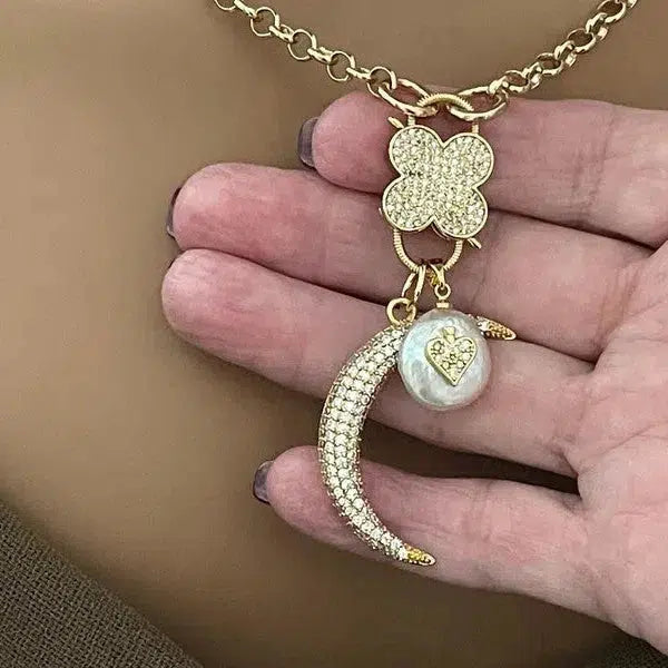 Gold CZ Carabiner Necklace-Rolo Chain-Clover Snap Clasp-CZ Charms-Fresh Water Pearl Heart Charm-CZ Half Moon Charm-Gift For Her