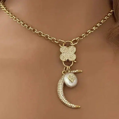 Gold CZ Carabiner Necklace-Rolo Chain-Clover Snap Clasp-CZ Charms-Fresh Water Pearl Heart Charm-CZ Half Moon Charm-Gift For Her