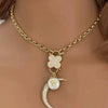 Gold CZ Carabiner Necklace-Rolo Chain-Clover Snap Clasp-CZ Charms-Fresh Water Pearl Heart Charm-CZ Half Moon Charm-Gift For Her